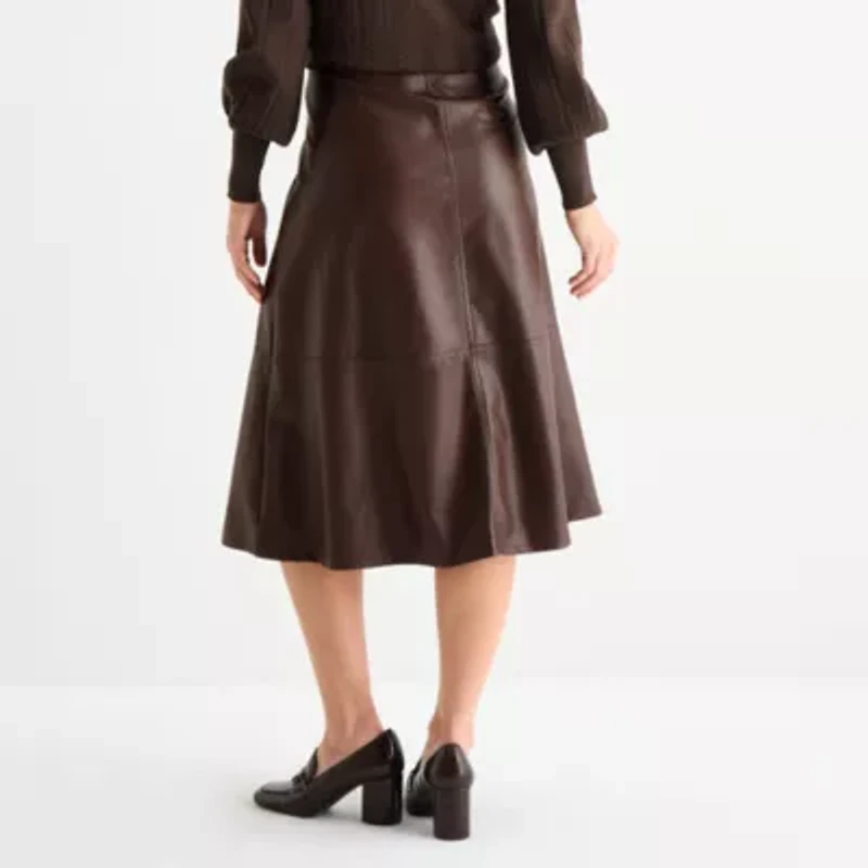 Liz Claiborne Womens Mid Rise Midi Faux Leather A-Line Skirt