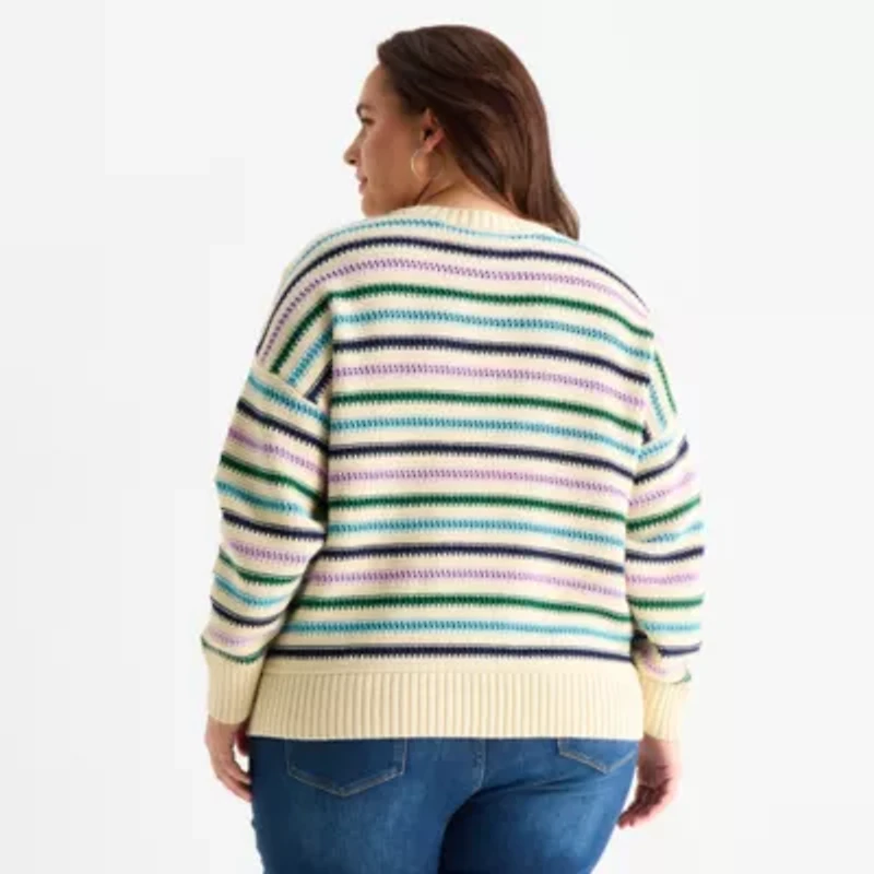 St. John's Bay Plus Womens Crew Neck Long Sleeve Cable Knit Pullover Sweater
