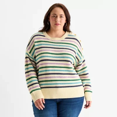 St. John's Bay Plus Womens Crew Neck Long Sleeve Cable Knit Pullover Sweater