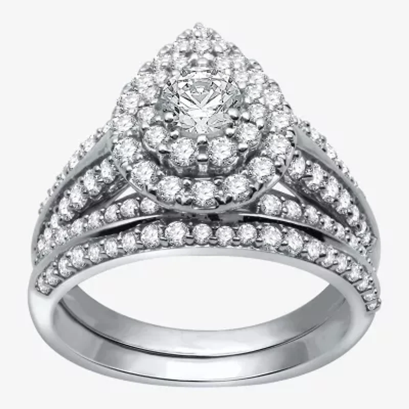 Signature By Modern Bride Womens 1 1/2 CT. T.W. Natural Diamond 14K White Gold Pear Side Stone Halo Bridal Set