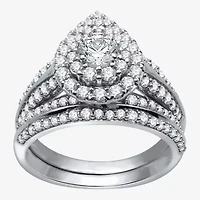 Signature By Modern Bride Womens 1 1/2 CT. T.W. Natural Diamond 14K White Gold Pear Side Stone Halo Bridal Set