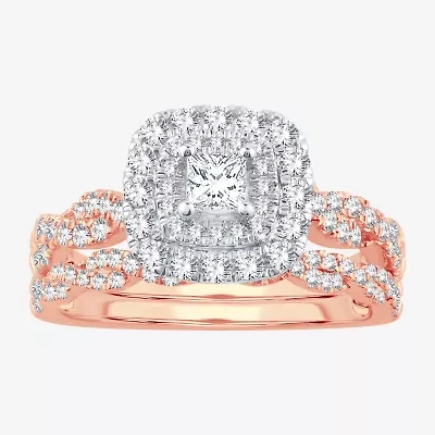 Signature By Modern Bride 1 CT.T.W. Natural Diamond Cushion Shape Side Stone Halo Bridal Set 10K or 14K Gold