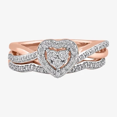 Surrounded by Love Womens 1/5 CT. Natural White Diamond 14K Rose Gold Over Silver Heart Side Stone Halo Bridal Set