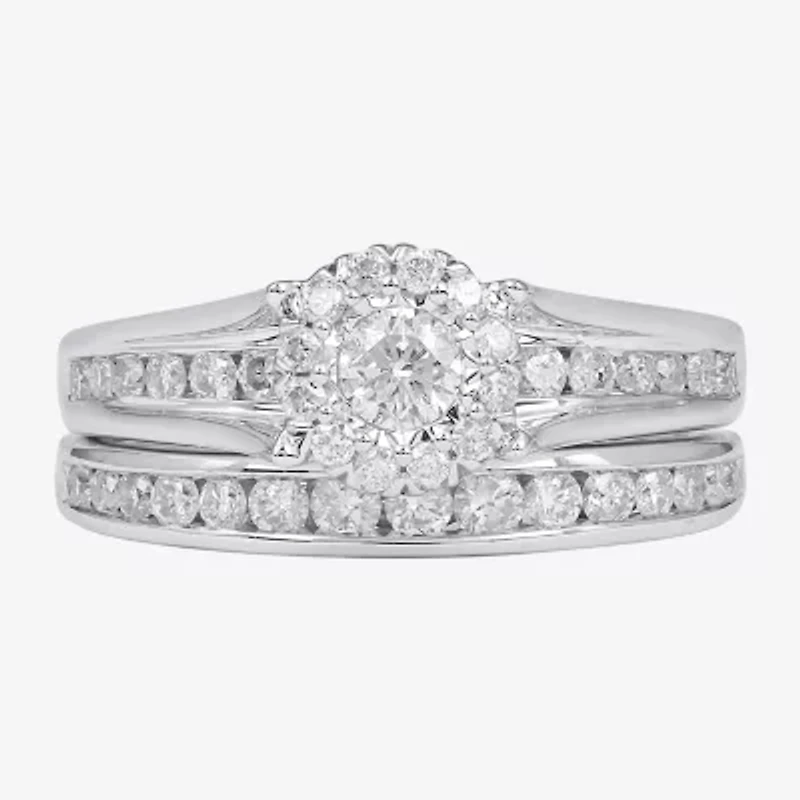 Womens 1 CT. T.W. Natural White Diamond 14K Gold Round Side Stone Halo Bridal Set