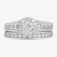 Womens 1 CT. T.W. Natural White Diamond 14K Gold Round Side Stone Halo Bridal Set