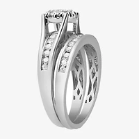 Womens 1 CT. T.W. Natural White Diamond 14K Gold Round Side Stone Halo Bridal Set