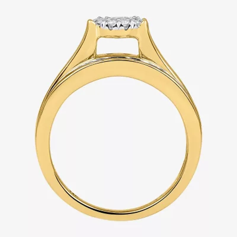 Womens 1 CT. T.W. Natural White Diamond 14K Gold Round Side Stone Halo Bridal Set