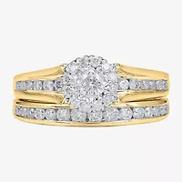 Womens 1 CT. T.W. Natural White Diamond 14K Gold Round Side Stone Halo Bridal Set