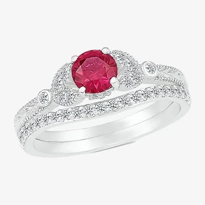 Modern Bride Gemstone Womens Lab Created Red Ruby 14K White Gold Bridal Set