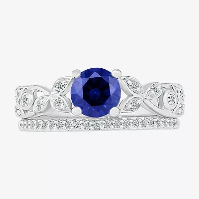 Modern Bride Gemstone Womens Lab Created Blue Sapphire 14K White Gold Bridal Set