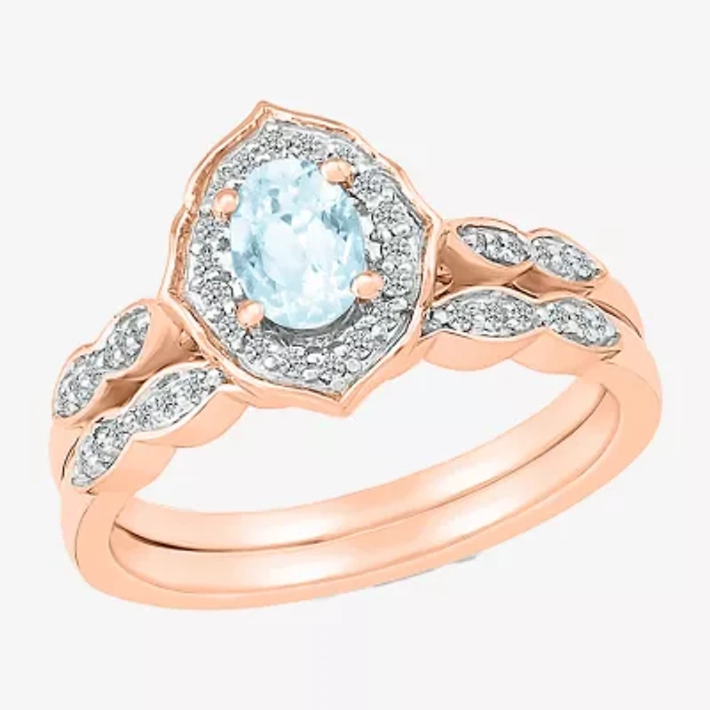Womens Genuine Blue Aquamarine 14K Rose Gold Oval Bridal Set