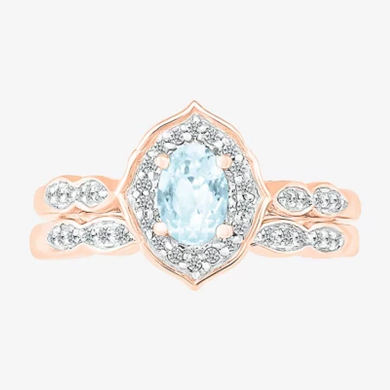Womens Genuine Blue Aquamarine 14K Rose Gold Oval Bridal Set