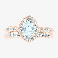 Womens Genuine Blue Aquamarine 14K Rose Gold Oval Bridal Set