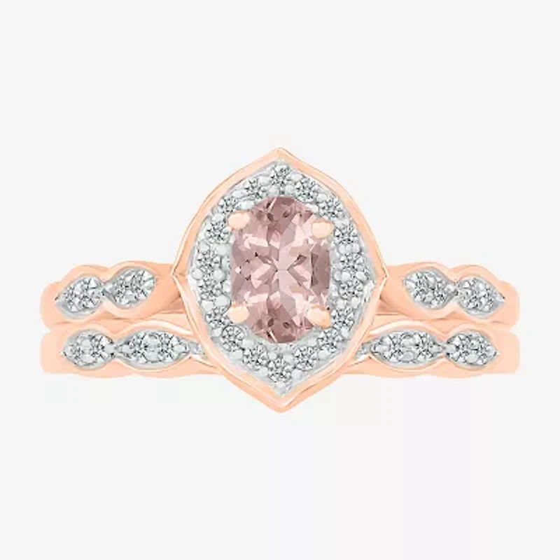 Modern Bride Gemstone Womens Genuine Pink Morganite 14K Rose Gold Oval Bridal Set