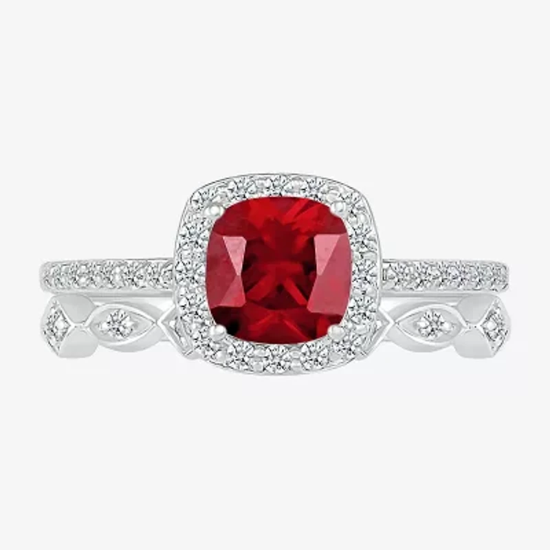 Modern Bride Gemstone Womens Lab Created Red Ruby 14K White Gold Cushion Bridal Set