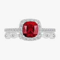 Modern Bride Gemstone Womens Lab Created Red Ruby 14K White Gold Cushion Bridal Set