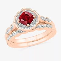 Modern Bride Gemstone Womens Lab Created Red Ruby 14K Rose Gold Cushion Bridal Set