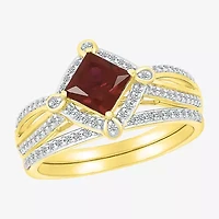 Modern Bride Gemstone Womens Genuine Red Garnet 14K Gold Diamond Bridal Set