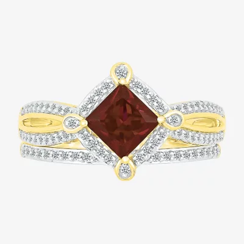 Modern Bride Gemstone Womens Genuine Red Garnet 14K Gold Diamond Bridal Set