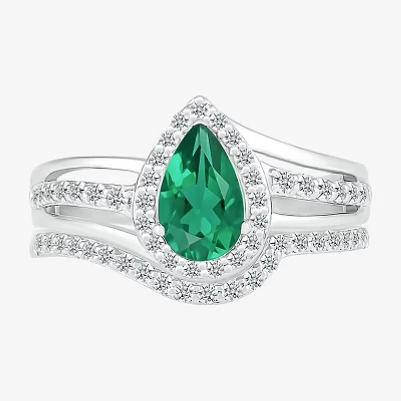 Modern Bride Gemstone Womens Lab Created Green Emerald 14K White Gold Pear Bridal Set
