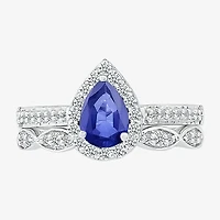 Modern Bride Gemstone Womens Lab Created Blue Sapphire 14K White Gold Pear Bridal Set
