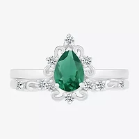 Modern Bride Gemstone Womens Lab Created Green Emerald 14K White Gold Pear Bridal Set