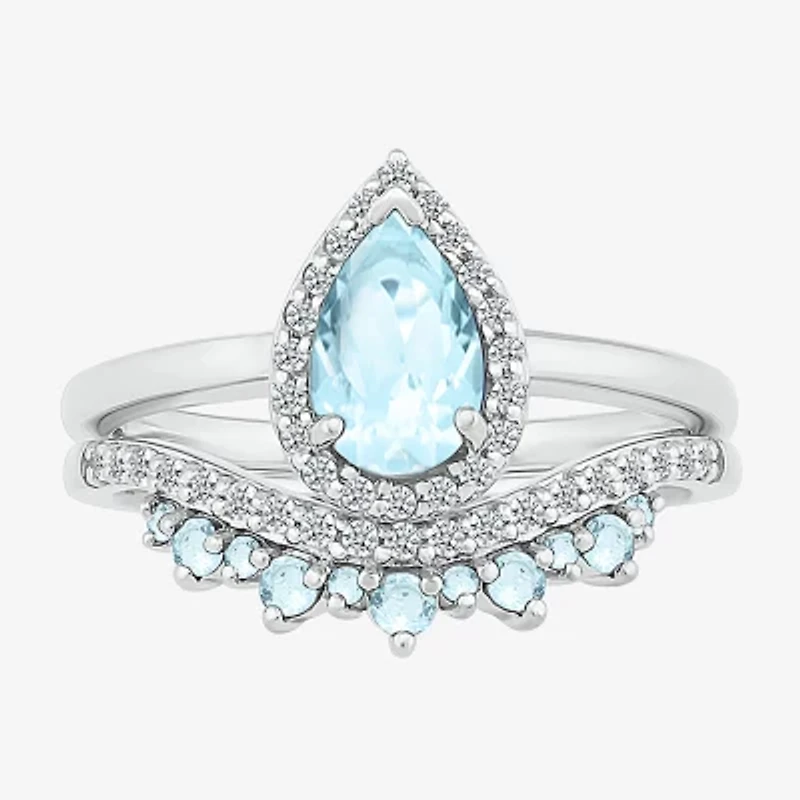 Modern Bride Gemstone Womens Genuine Blue Aquamarine 14K White Gold Pear Bridal Set