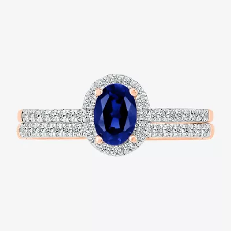 Modern Bride Gemstone Womens Lab Created Blue Sapphire 14K Rose Gold Oval Bridal Set
