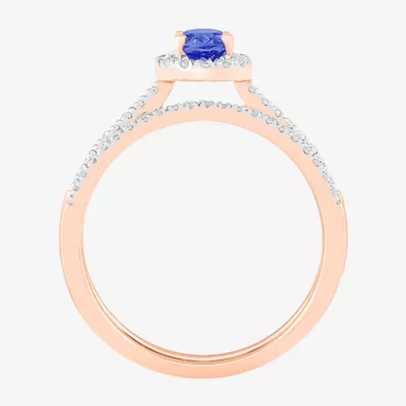 Modern Bride Gemstone Womens Lab Created Blue Sapphire 14K Rose Gold Oval Bridal Set