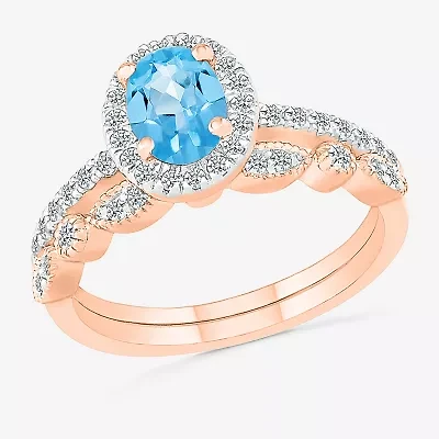 Modern Bride Gemstone Womens Genuine Blue Topaz 14K Rose Gold Oval Bridal Set