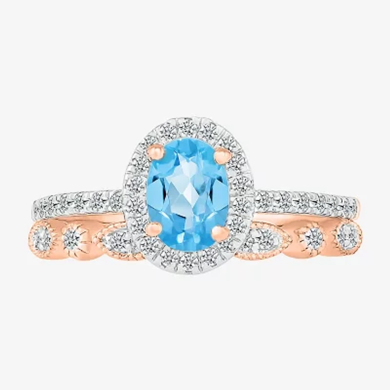 Modern Bride Gemstone Womens Genuine Blue Topaz 14K Rose Gold Oval Bridal Set