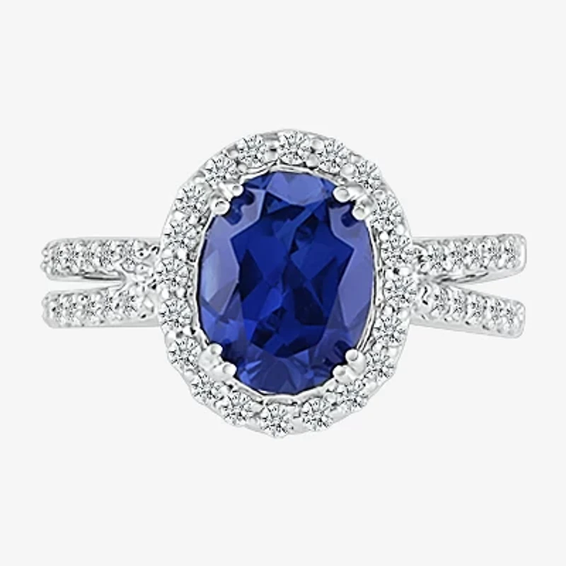 Modern Bride Gemstone Womens Lab Created Sapphire 14K White Gold Oval Bridal Set