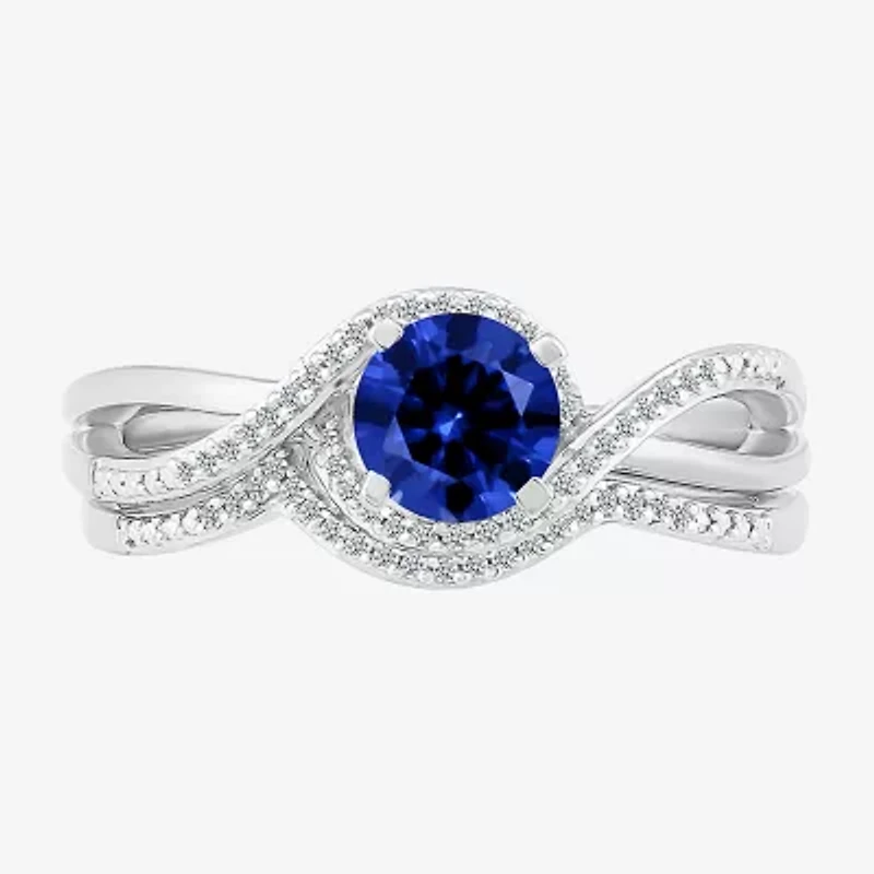 Modern Bride Gemstone Womens Lab Created Blue Sapphire 14K White Gold Round Bridal Set