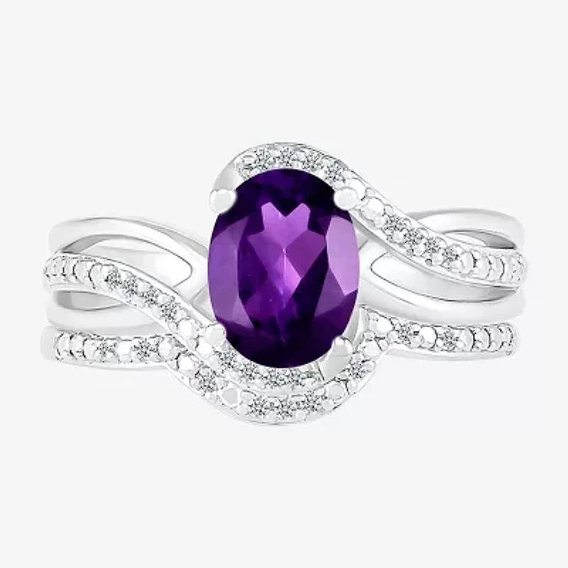 Modern Bride Gemstone Womens Genuine Purple Amethyst 14K White Gold Oval Bridal Set