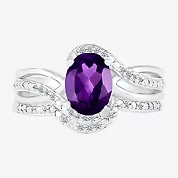 Modern Bride Gemstone Womens Genuine Purple Amethyst 14K White Gold Oval Bridal Set