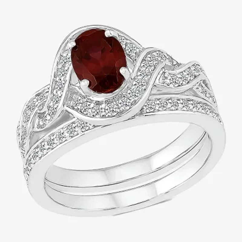 Modern Bride Gemstone Womens Genuine Red Garnet 14K White Gold Oval Bridal Set