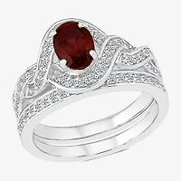 Modern Bride Gemstone Womens Genuine Red Garnet 14K White Gold Oval Bridal Set