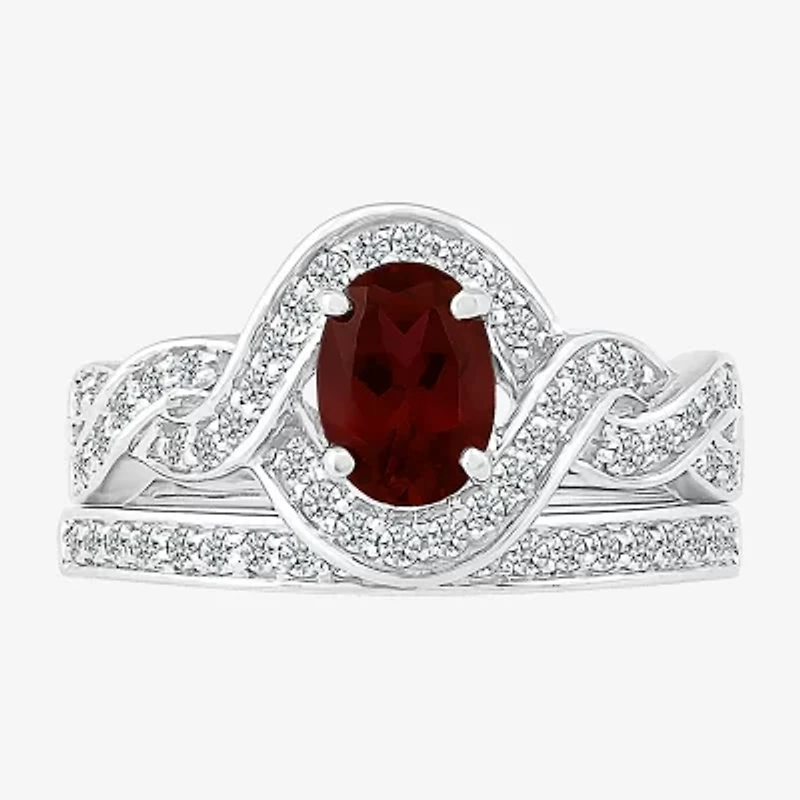 Modern Bride Gemstone Womens Genuine Red Garnet 14K White Gold Oval Bridal Set