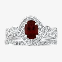 Modern Bride Gemstone Womens Genuine Red Garnet 14K White Gold Oval Bridal Set