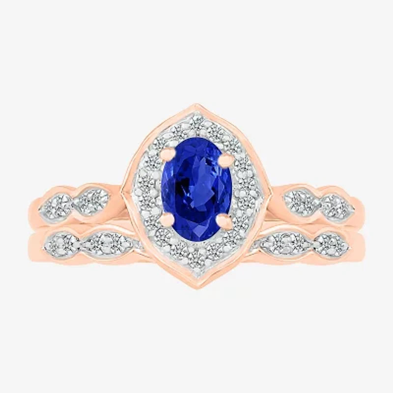 Modern Bride Gemstone Womens Lab Created Blue Sapphire 14K Rose Gold Oval Bridal Set