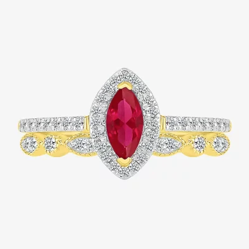 Modern Bride Gemstone Womens Lab Created Red Ruby 14K Gold Marquise Bridal Set