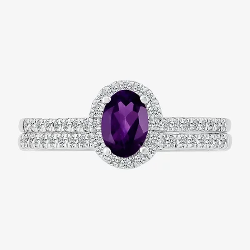 Modern Bride Gemstone Womens Genuine Purple Amethyst 14K White Gold Oval Bridal Set