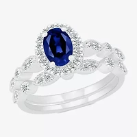 Womens Lab Created Blue Sapphire 14K White Gold Oval Bridal Set