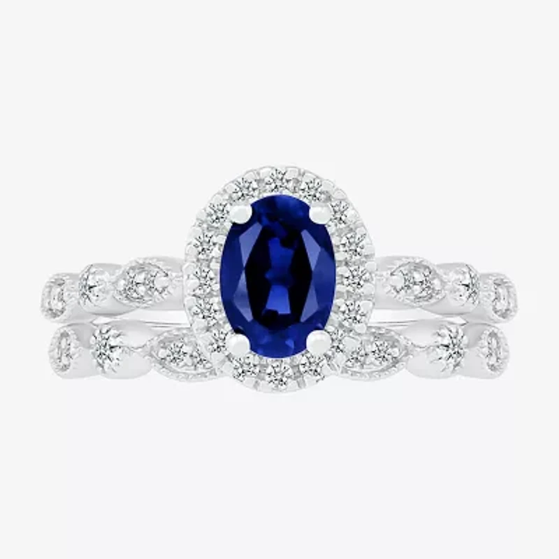 Womens Lab Created Blue Sapphire 14K White Gold Oval Bridal Set