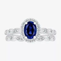 Womens Lab Created Blue Sapphire 14K White Gold Oval Bridal Set