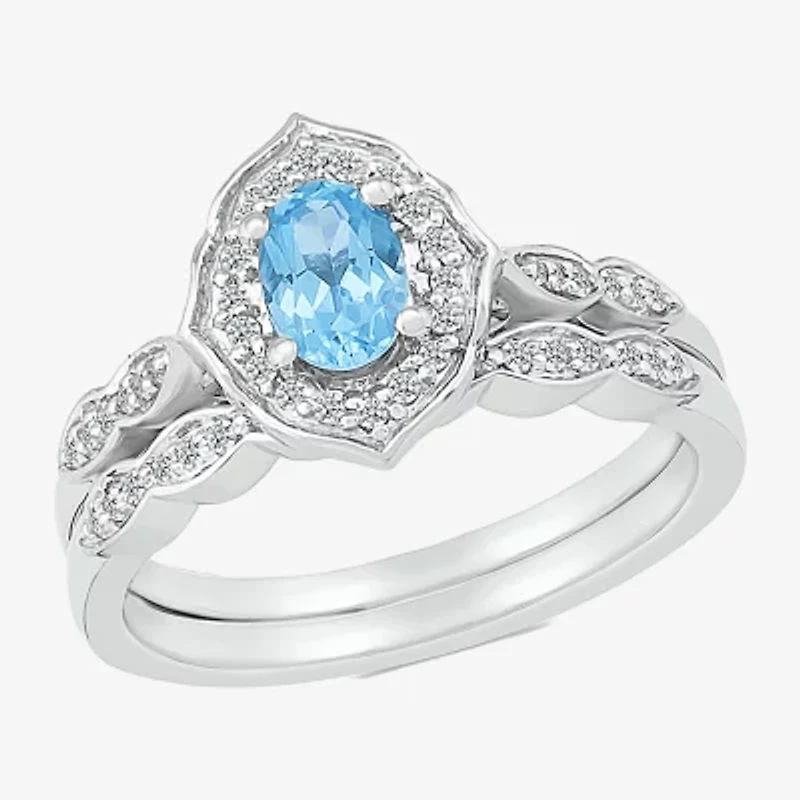 Modern Bride Gemstone Womens Genuine Blue Topaz 14K White Gold Oval Bridal Set