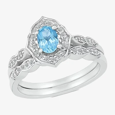 Modern Bride Gemstone Womens Genuine Blue Topaz 14K White Gold Oval Bridal Set