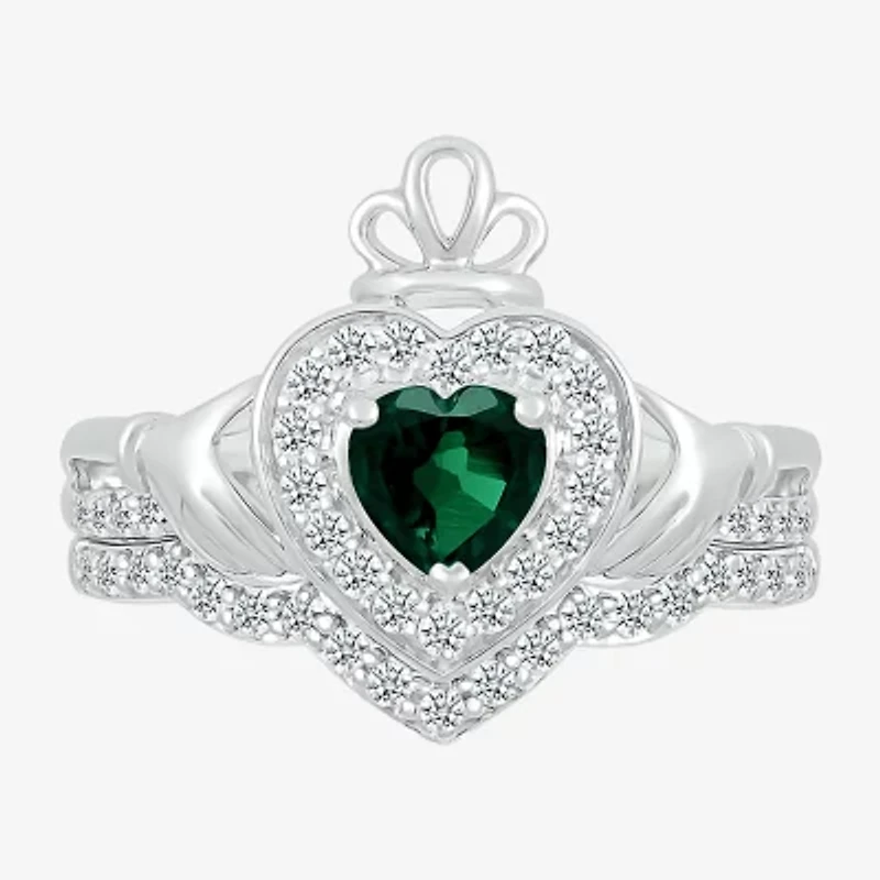 Modern Bride Gemstone Womens Lab Created Green Emerald 14K White Gold Claddagh Bridal Set