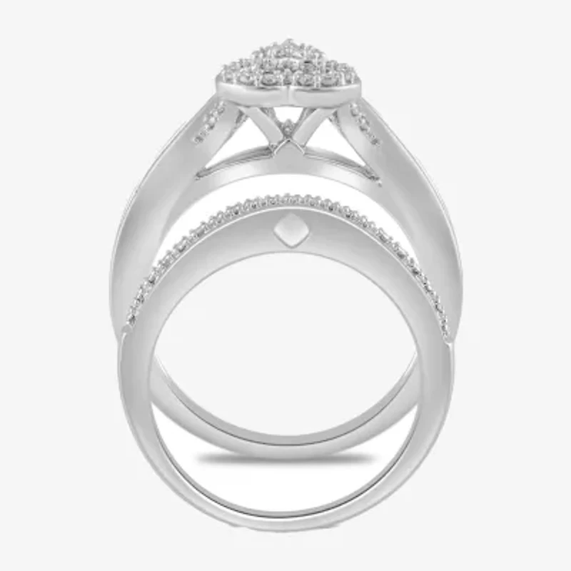 Surrounded by Love Womens 1/5 CT. Natural White Diamond Sterling Silver Heart Side Stone Halo Bridal Set
