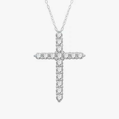 Yes Womens Lab Created White Sapphire Sterling Silver Cross 18 Inch Pendant Necklace
